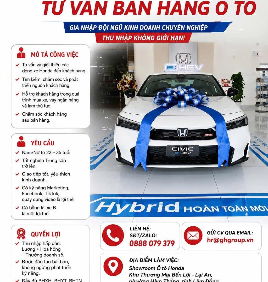 Tuyển dụng Tư vấn bán hàng ô tô
