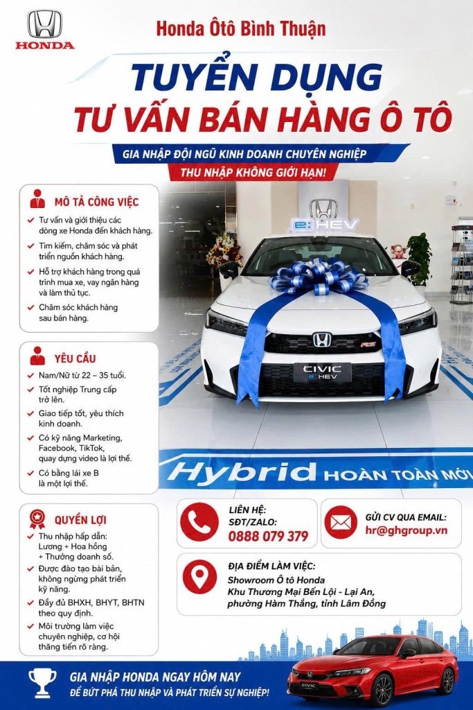 Tuyển dụng Tư vấn bán hàng ô tô